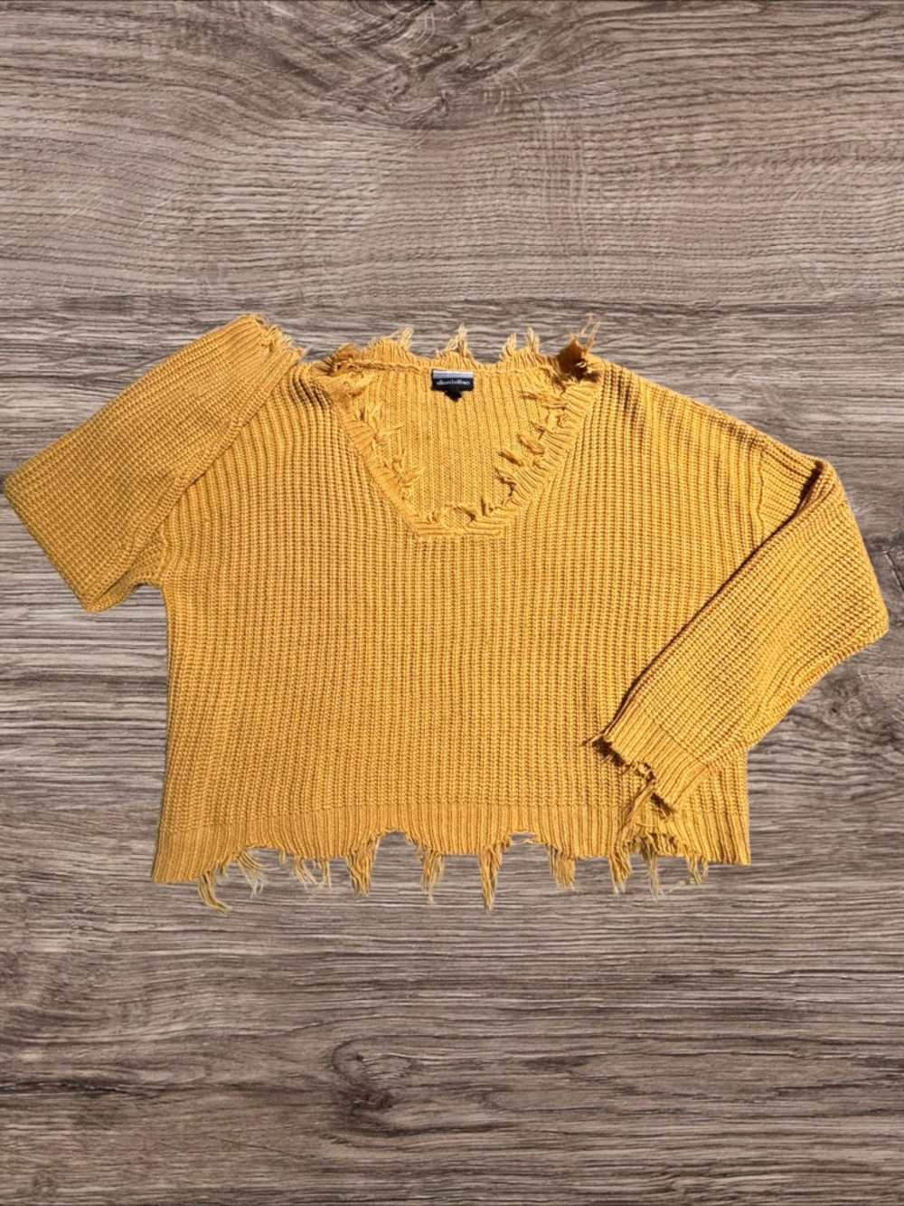 Distressed V-Neck Cropped Sweater - Mustard Yellow - Boho Y2K
